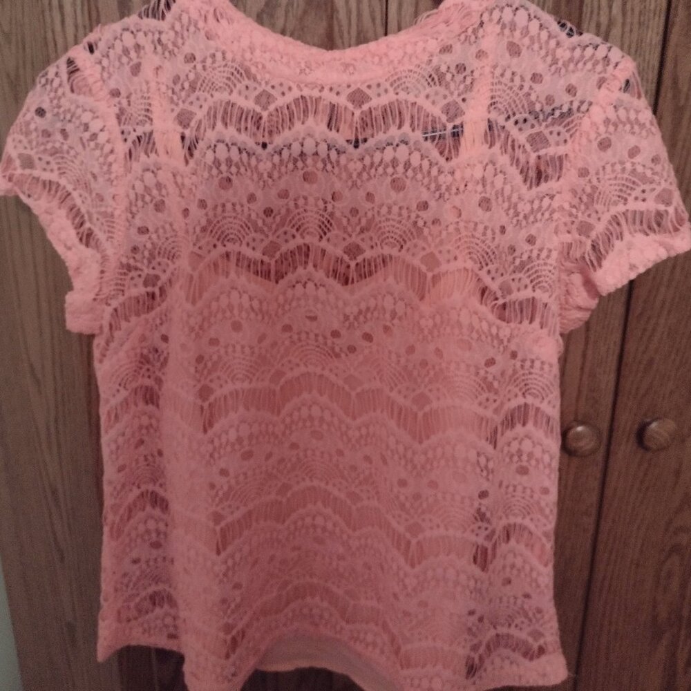 M M Couture Coral Lace Short Sleeve Top with Coral Cami Shell